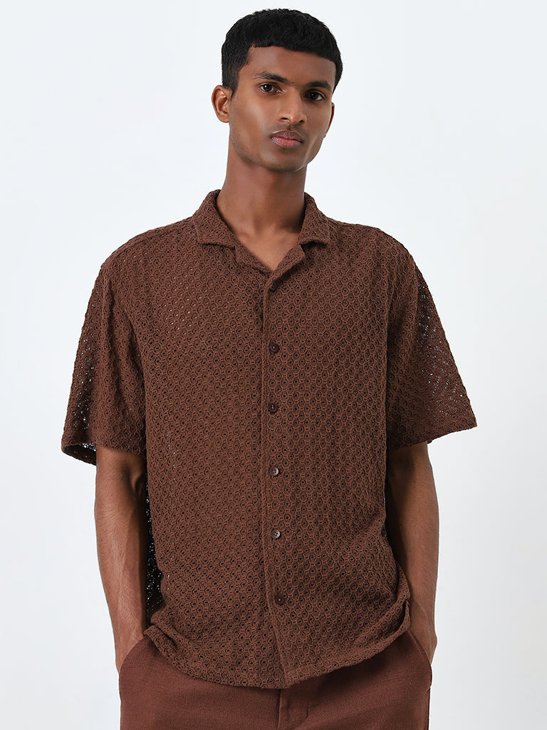 ETA Brown Knit-Textured Relaxed-Fit Cotton Shirt