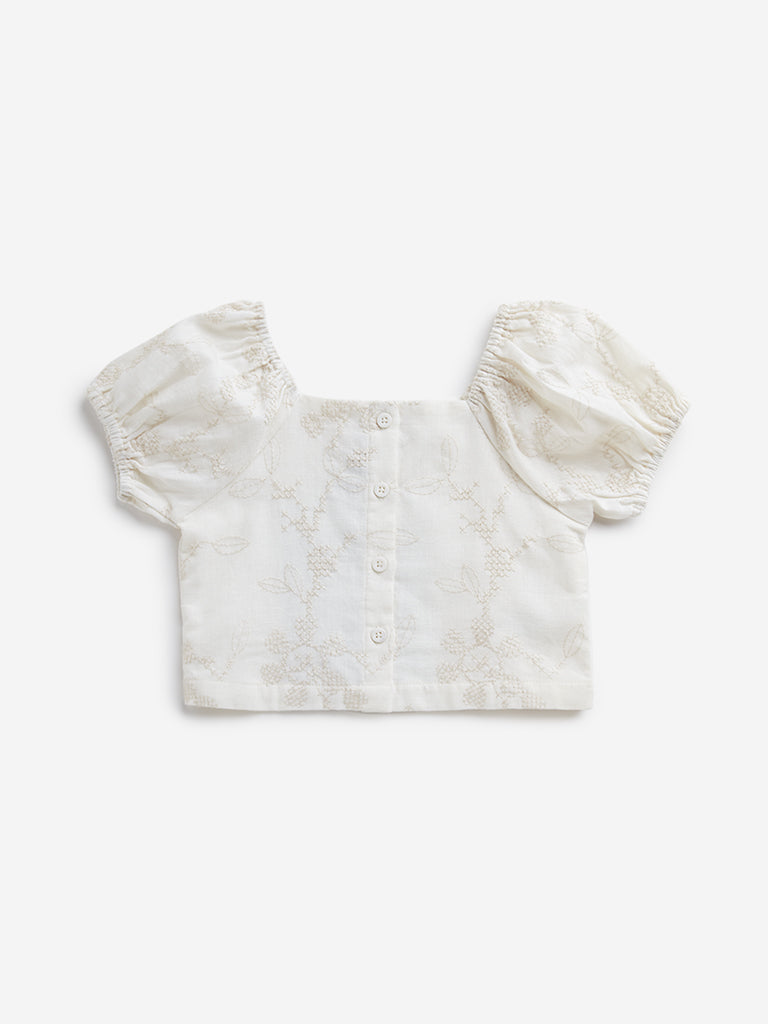 HOP Kids Off-White Leaf Embroidered Cotton Blend Top