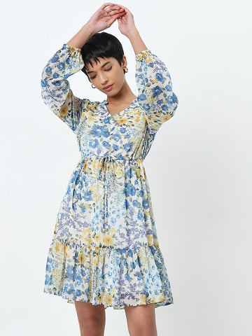 LOV Blue Floral Printed Tiered Dress