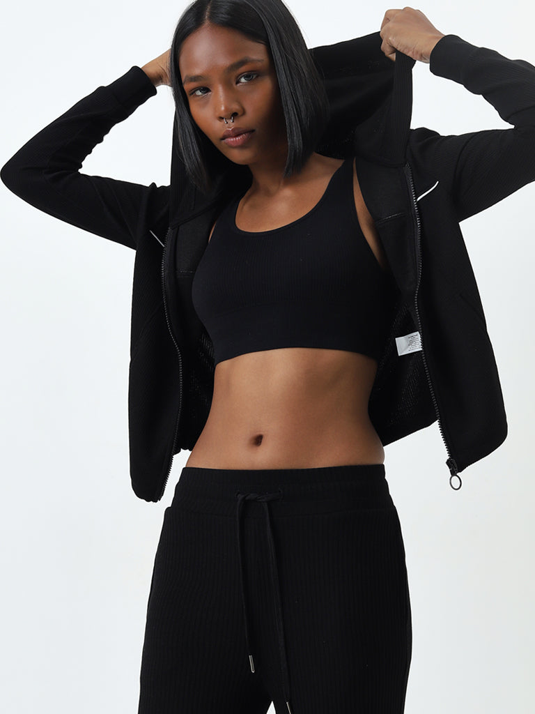 Studiofit Black Ribbed Textured Hooded Jacket