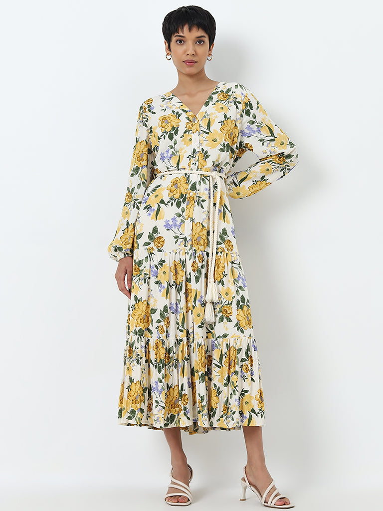 LOV Yellow Floral Printed Tiered Dress with Belt