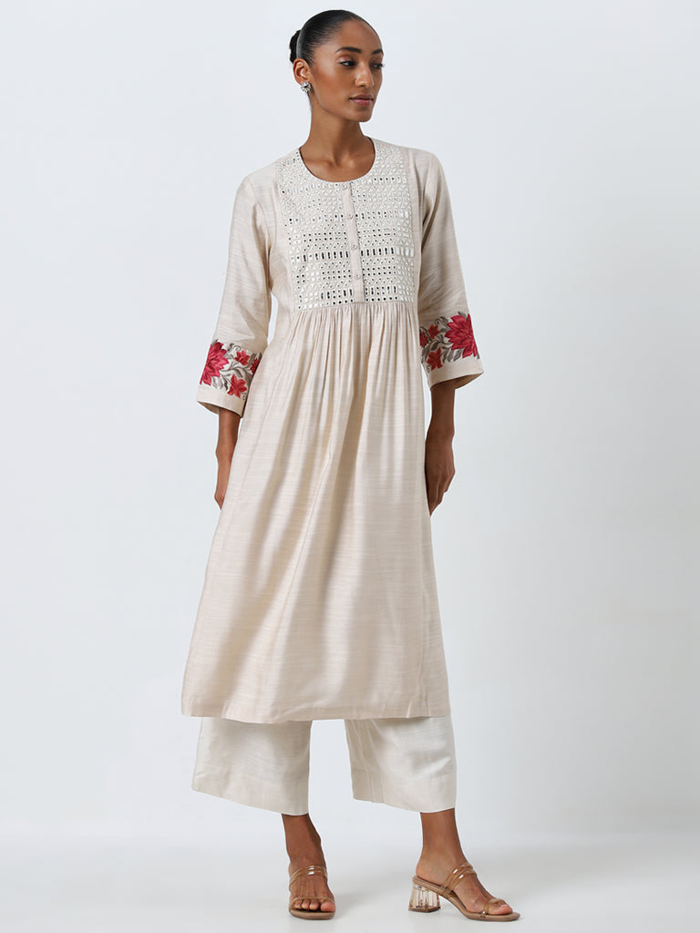 Zuba Beige Embellished A-Line Kurta