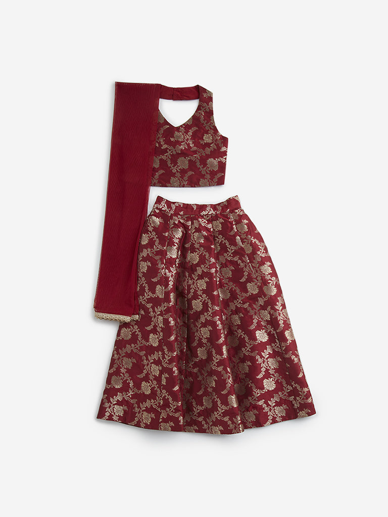 Utsa Kids Maroon Floral Design Ghagra, Choli and Dupatta Set - (2 -8yrs)