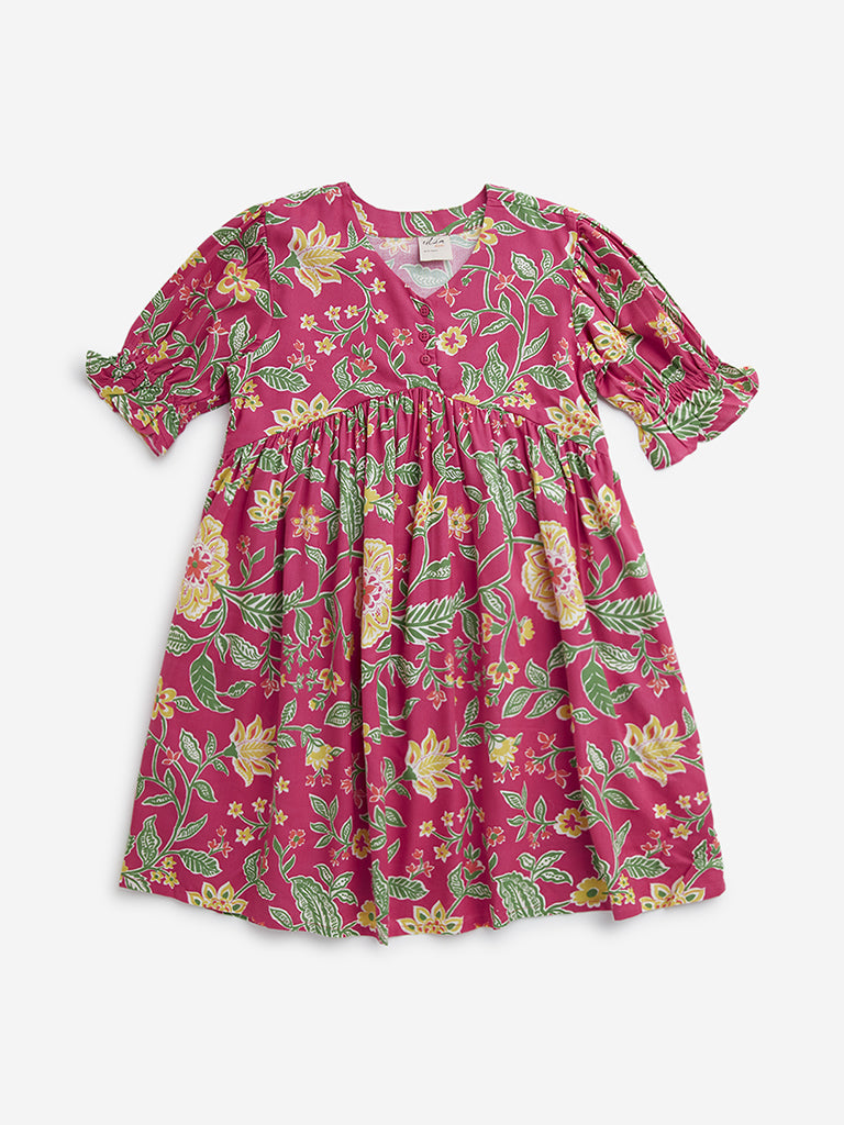 Utsa Kids Dark Pink Floral Printed Peplum Ethnic Top (8-14 years)