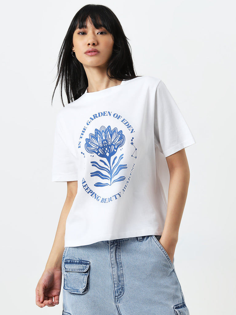 Nuon White Abstract Printed Cotton T-Shirt