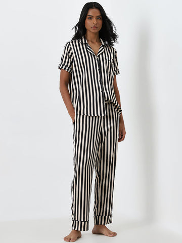 Wunderlove Black Stripe Printed Shirt with Pyjamas Set