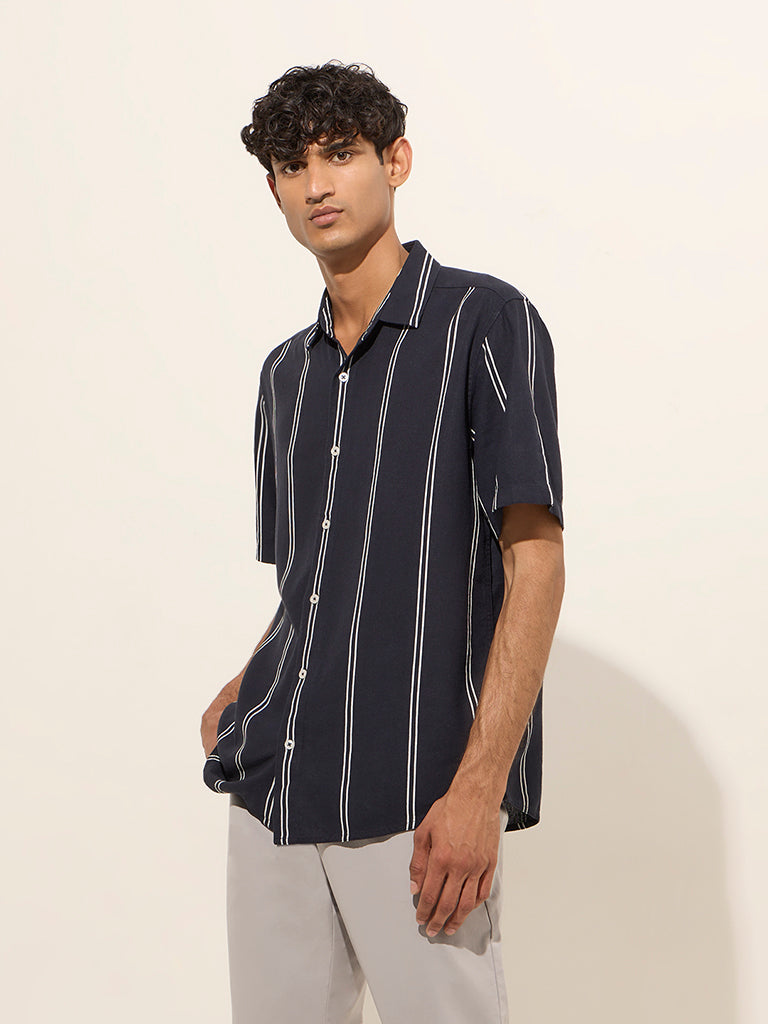 Wes Casuals Slim Fit Seersucker Shirt Ascot Navy Blue Striped