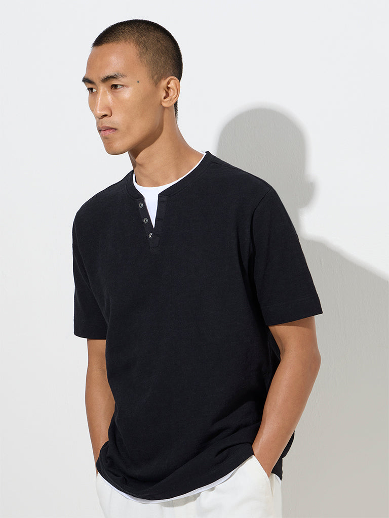 ETA Black Solid Slim-Fit Cotton T-Shirt
