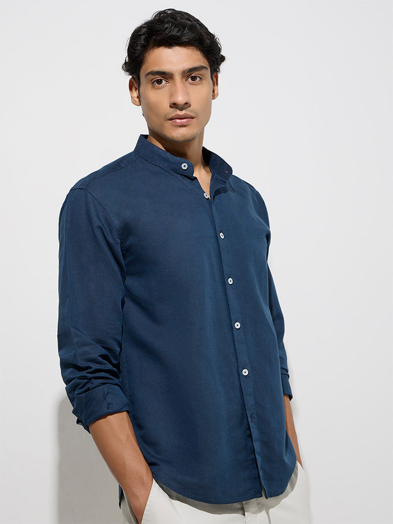 Ascot Navy Solid Relaxed-Fit Linen- Blend Shirt