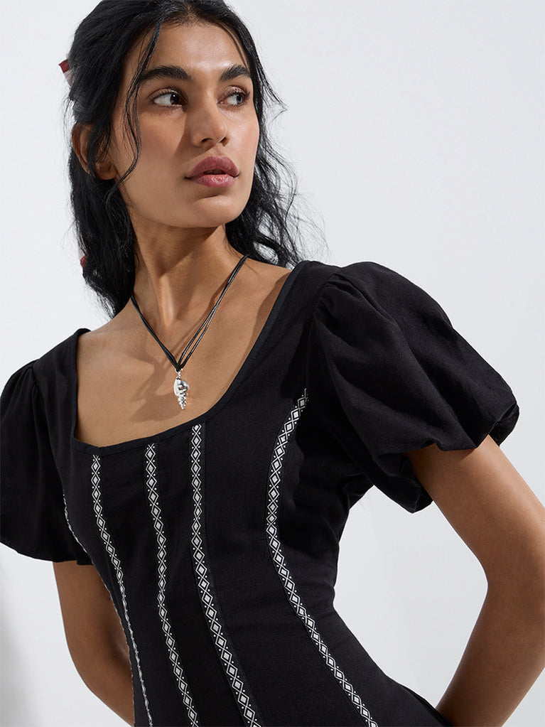 Bombay Paisley Black Embellished Cotton A-Line Dress