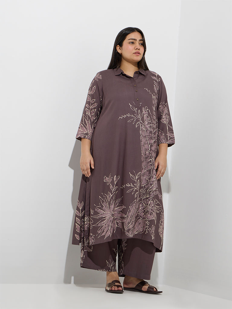 Diza Dark Brown Foliage Design Ethnic Pants