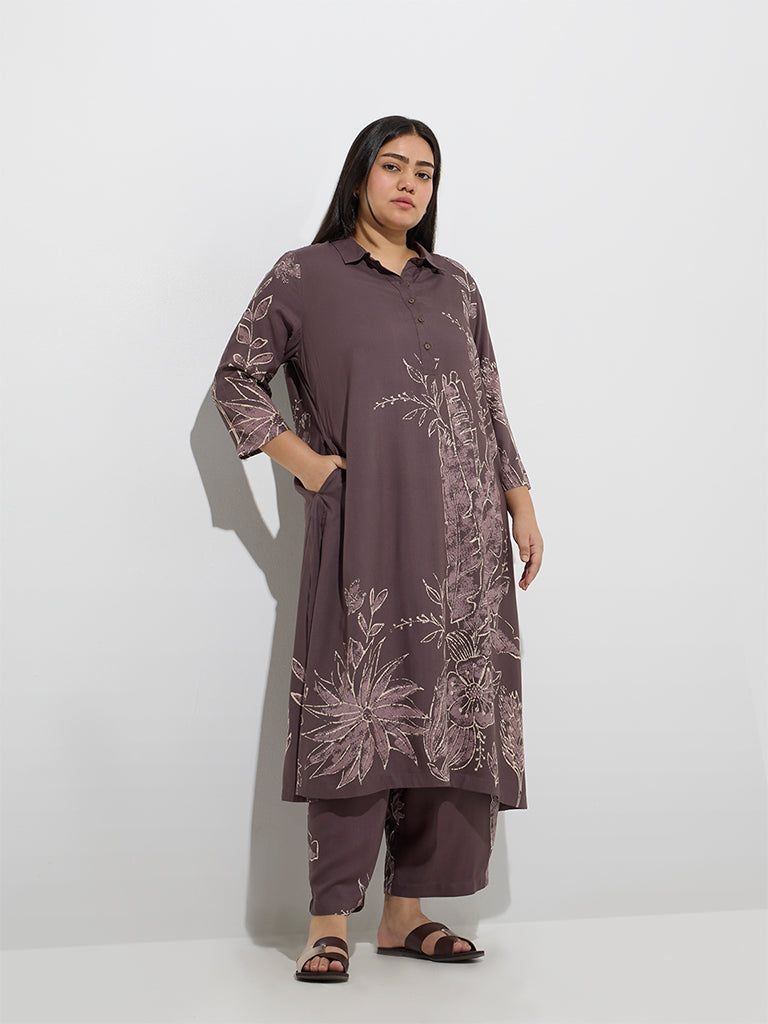 Diza Dark Brown Foliage Detailed A-Line Kurta