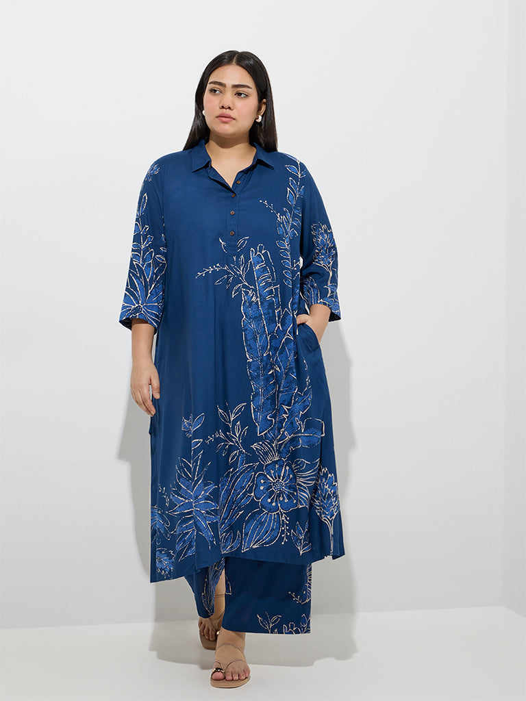 Diza Indigo Botanical Pattern A-Line Kurta