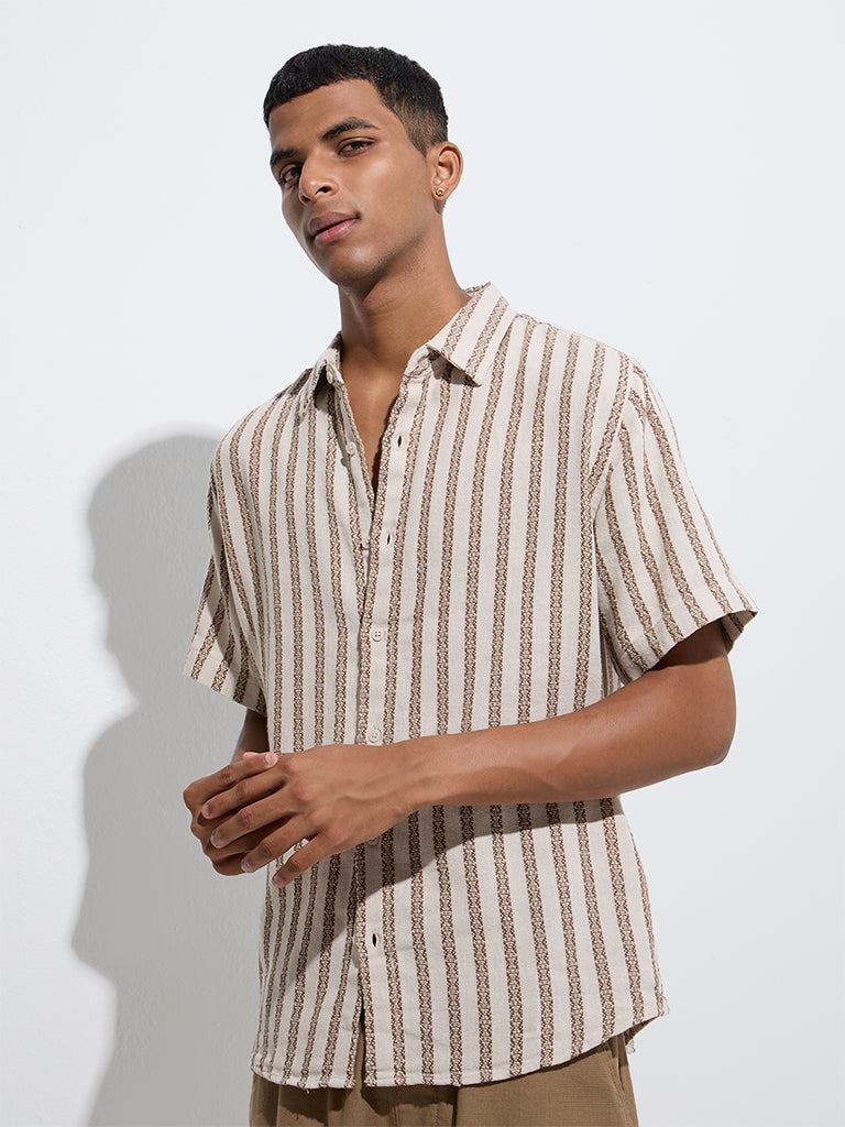 ETA Light Beige Stripe Embroidered Relaxed-Fit Cotton Shirt