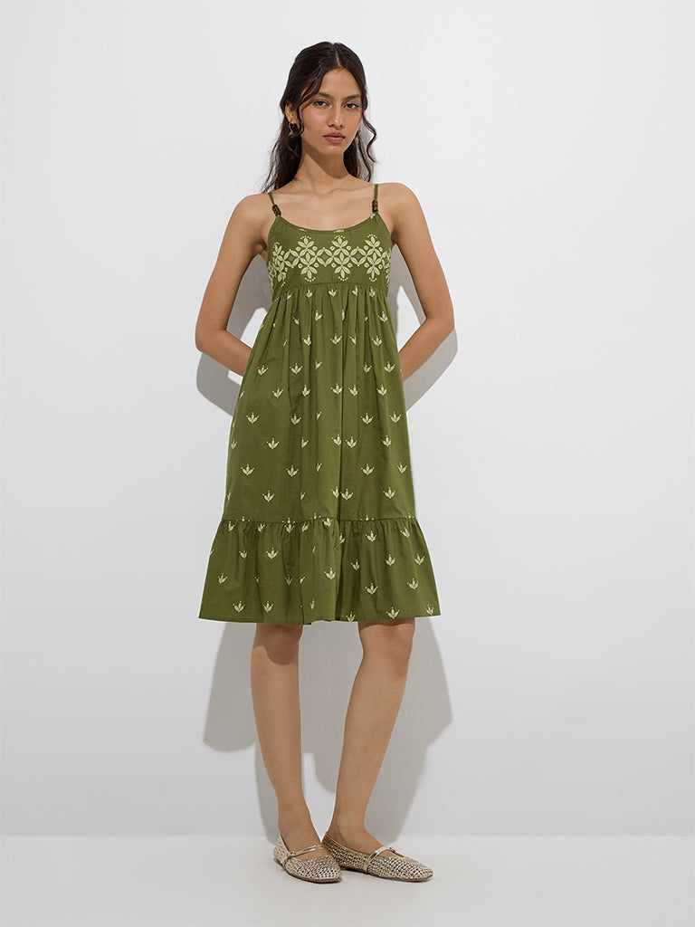 Bombay Paisley Olive Botanical Design Cotton Tiered Dress