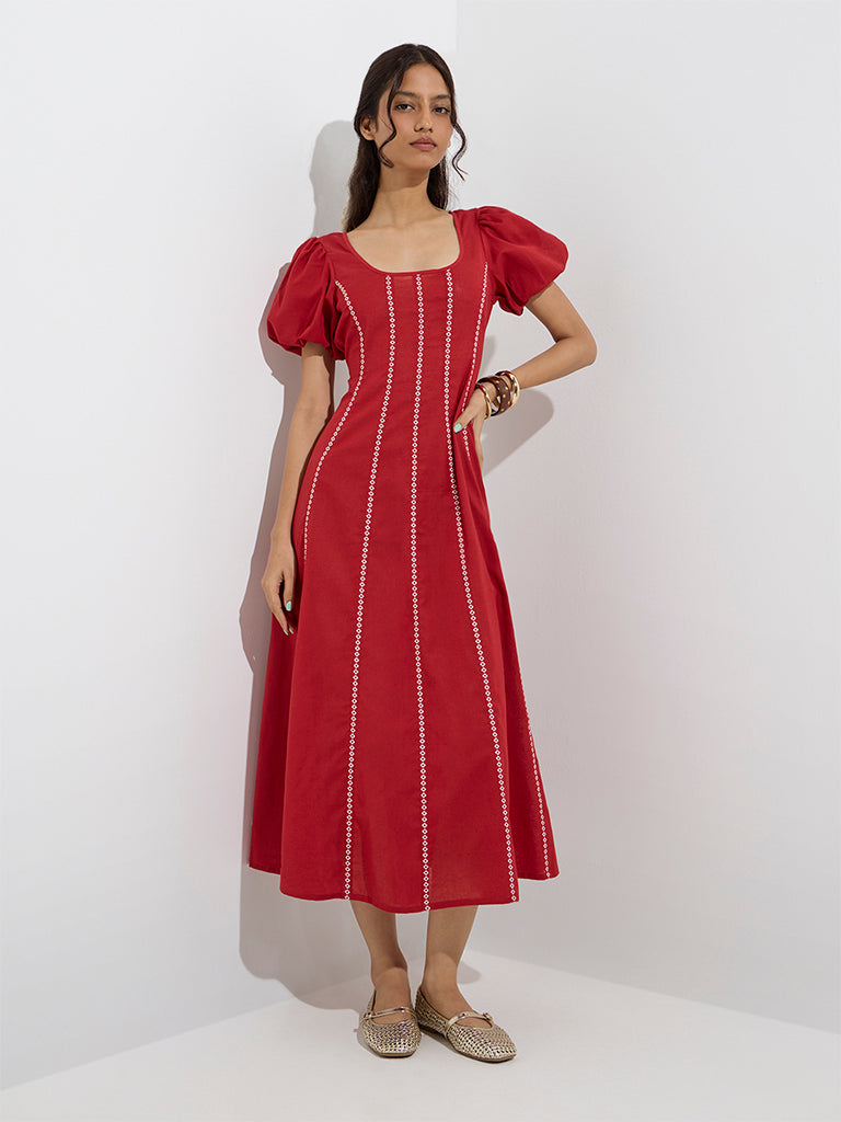 Bombay Paisley Red Embroidered Cotton-Blend A-Line Dress