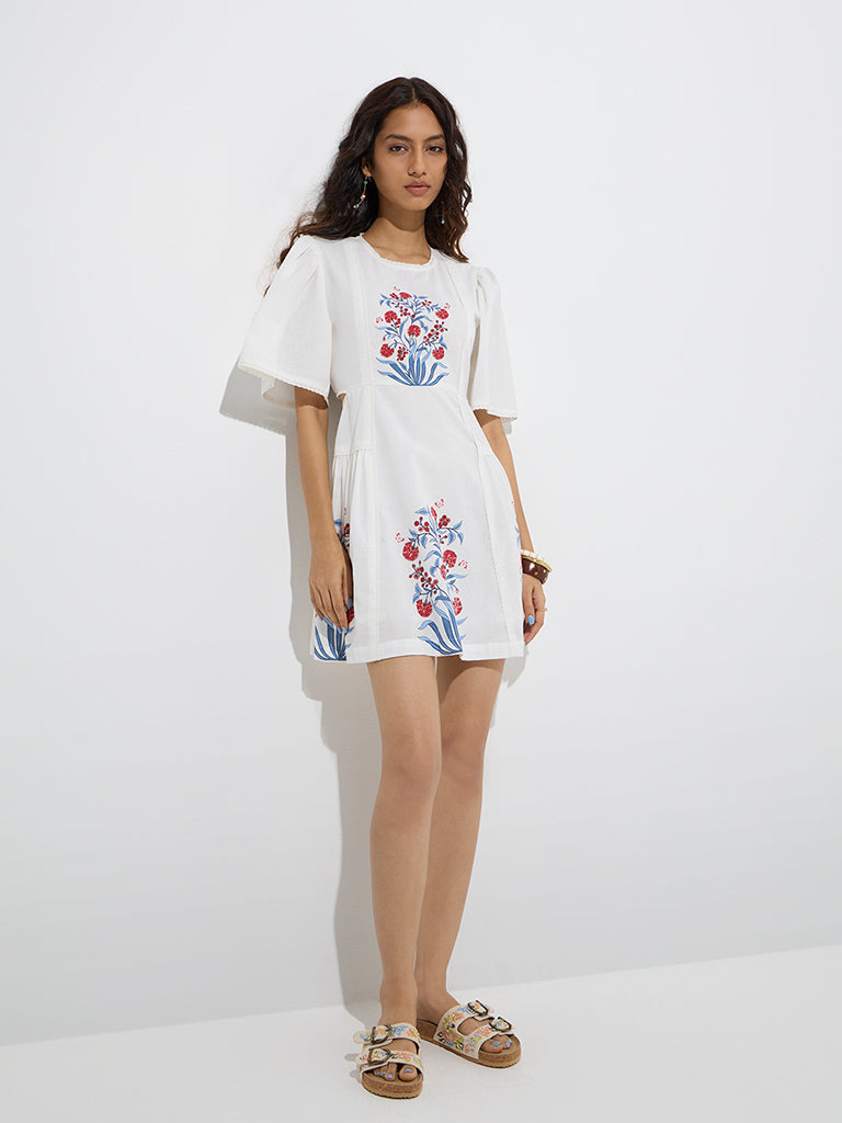 Bombay Paisley White Floral Cotton-Blend A-Line Dress