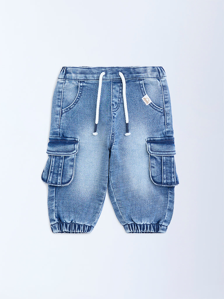 HOP Baby Blue Faded Mid-Rise Denim Joggers