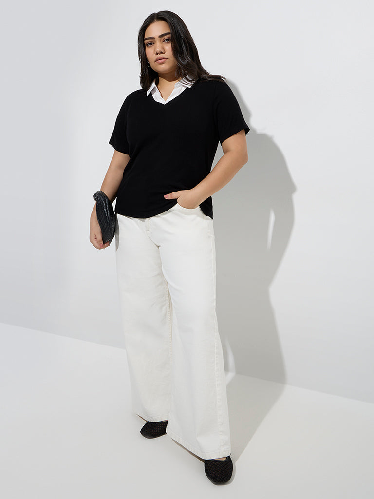 Gia Black Ribbed-Textured T-Shirt