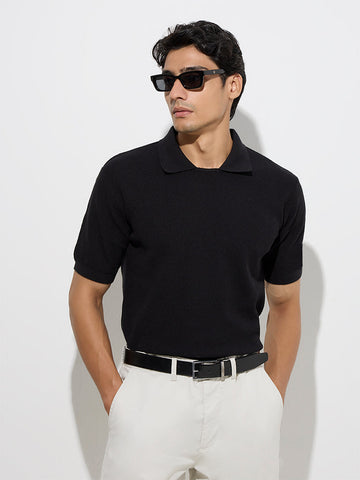 Ascot Black Self-Textured Relaxed-Fit Cotton-Blend T-Shirt