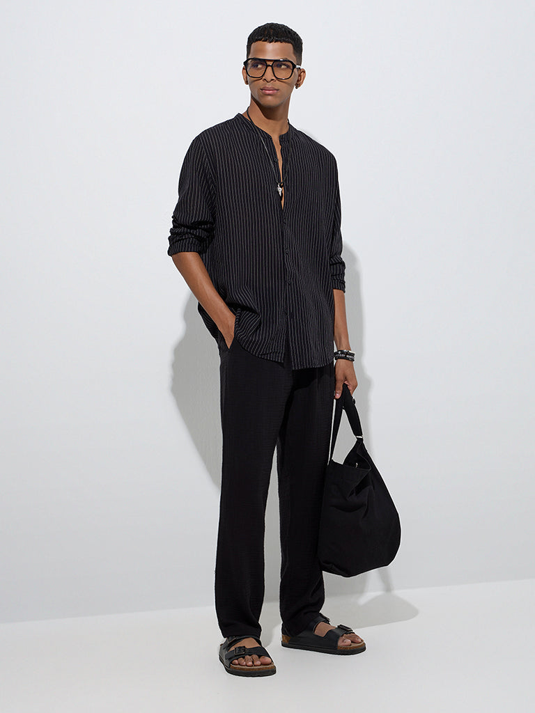 ETA Black Stripe Printed Relaxed-Fit Cotton Shirt