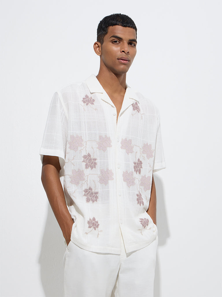 ETA White Floral Embroidered Relaxed-Fit Cotton Shirt