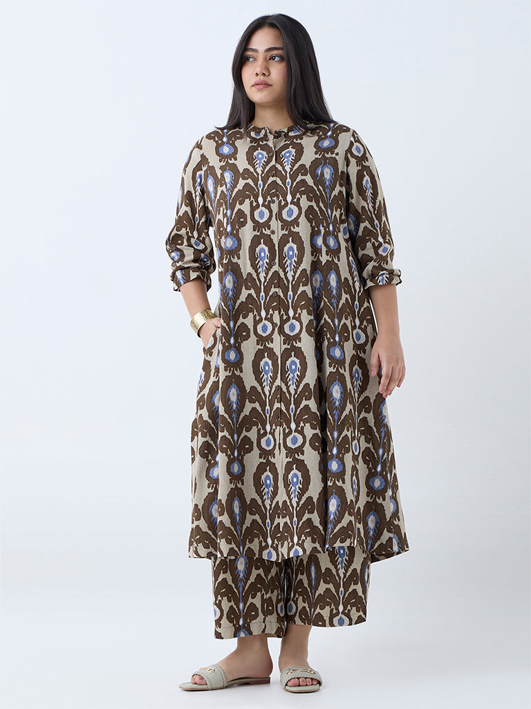 Diza Brown Ikat Printed A-Line Kurta