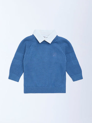 HOP Baby Blue Knit-Textured Cotton Sweater