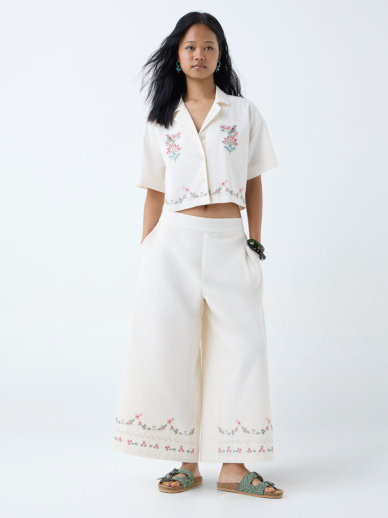Bombay Paisley Off-White Floral Embroidered Cotton-Blend Palazzos