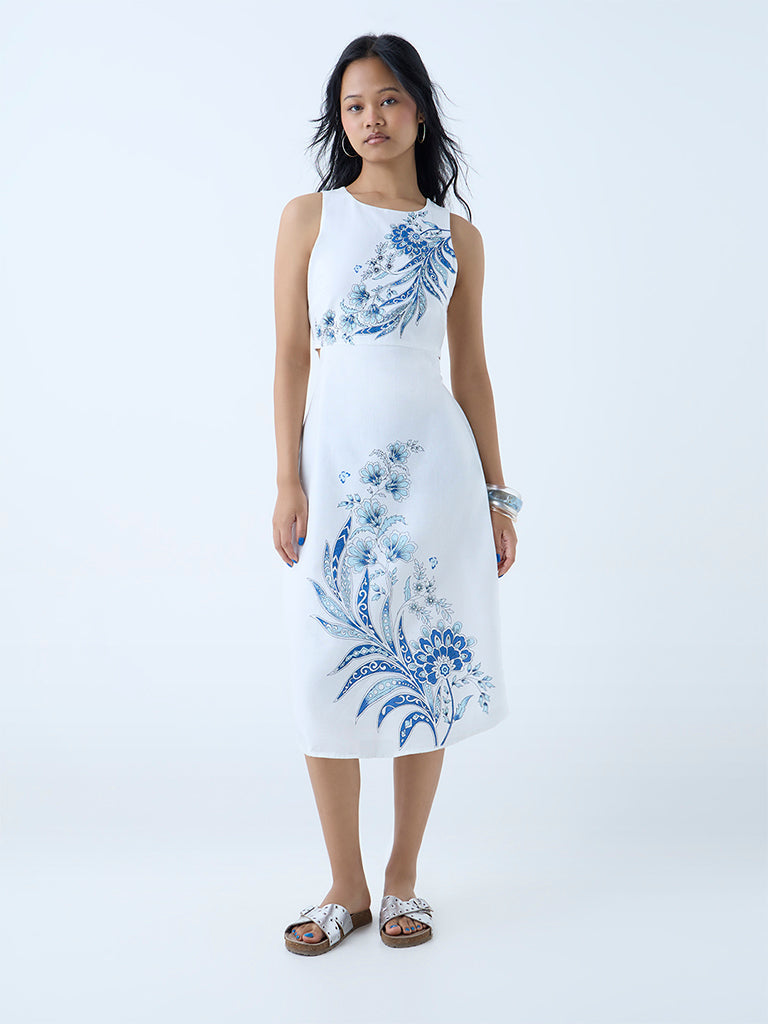 Bombay Paisley White Floral Cotton-Blend Sheath Dress