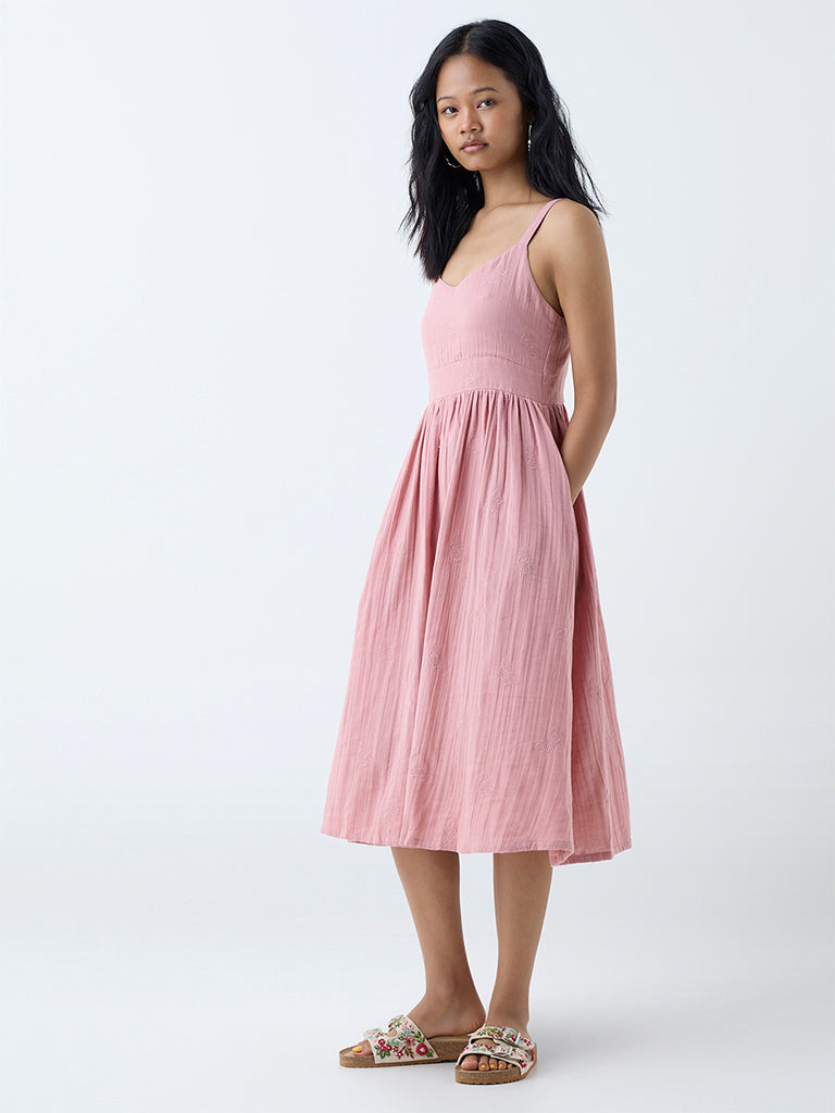 Bombay Paisley Dusty Pink Self-Textured Cotton A-Line Dress