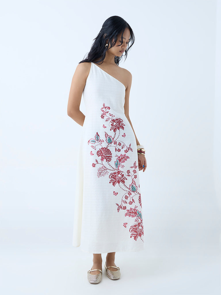 Bombay Paisley Off-White Floral Cotton One-Shoulder Dress