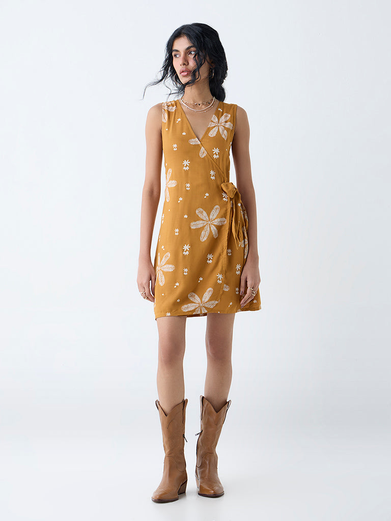 Bombay Paisley Mustard Floral Design Wrap-Style Dress