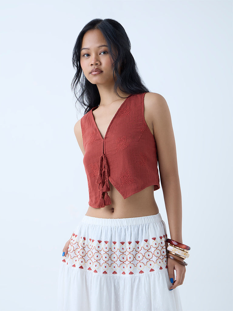 Bombay Paisley Brown Embroidered Cotton Waistcoat