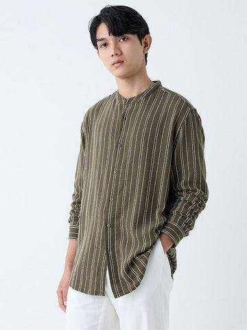 ETA Olive Striped Relaxed-Fit Cotton Shirt