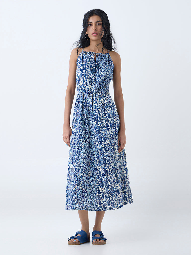 Bombay Paisley Dark Blue Printed Cotton A-Line Dress