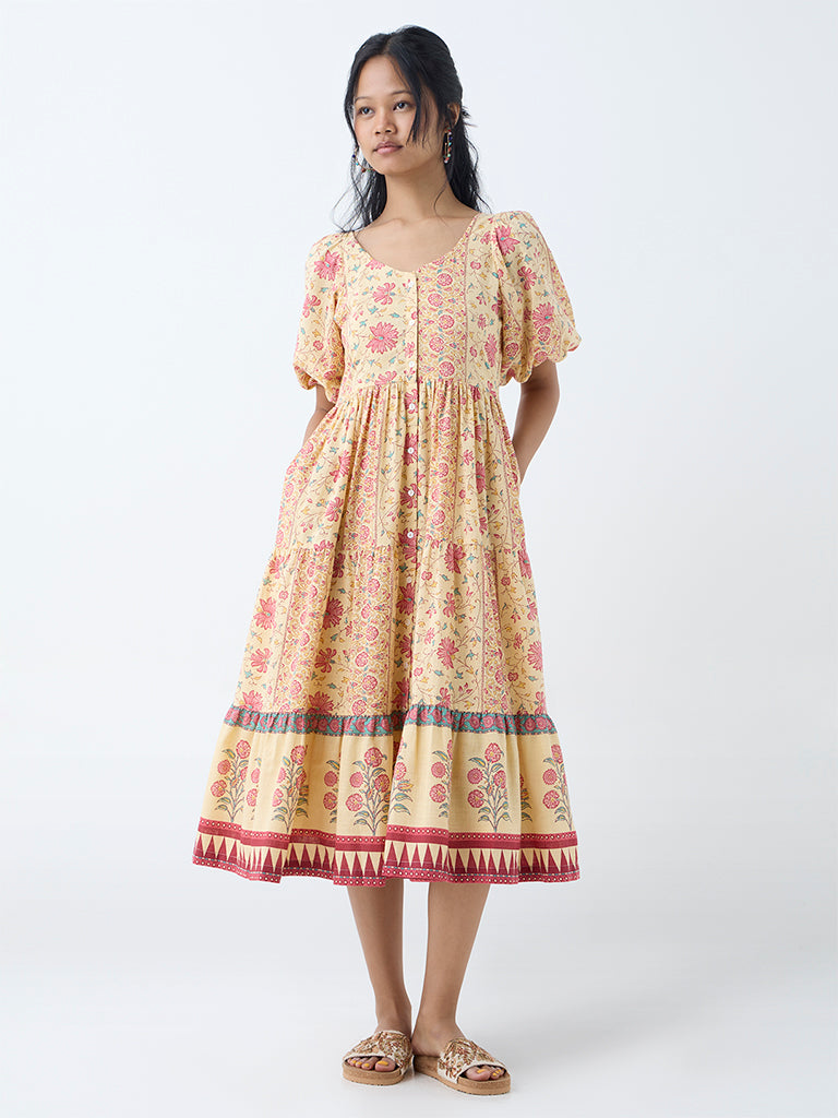 Bombay Paisley Yellow Floral Pattern Cotton Tiered Dress