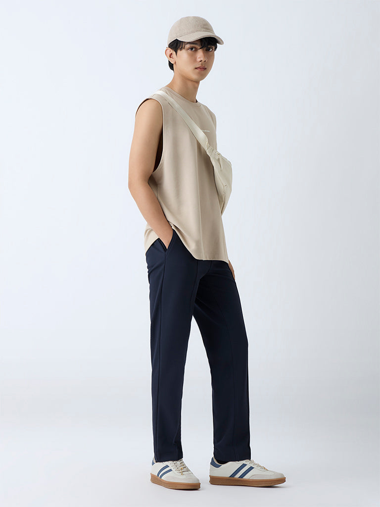 Studiofit Navy Solid Relaxed-Fit Mid-Rise Cotton Pants
