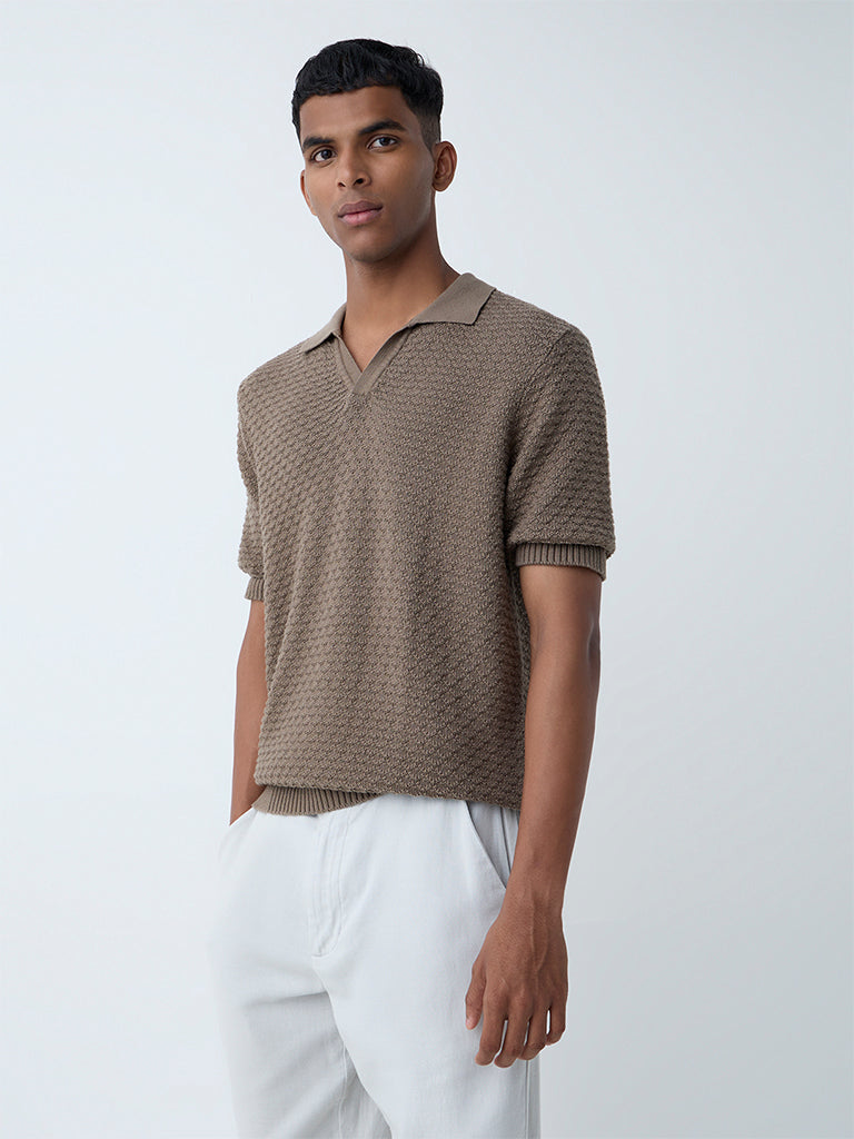 ETA Brown Knit-Textured Relaxed-Fit Cotton Polo T-Shirt