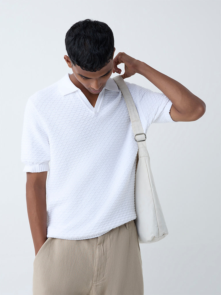 ETA White Knit-Textured Relaxed-Fit Cotton Polo T-Shirt