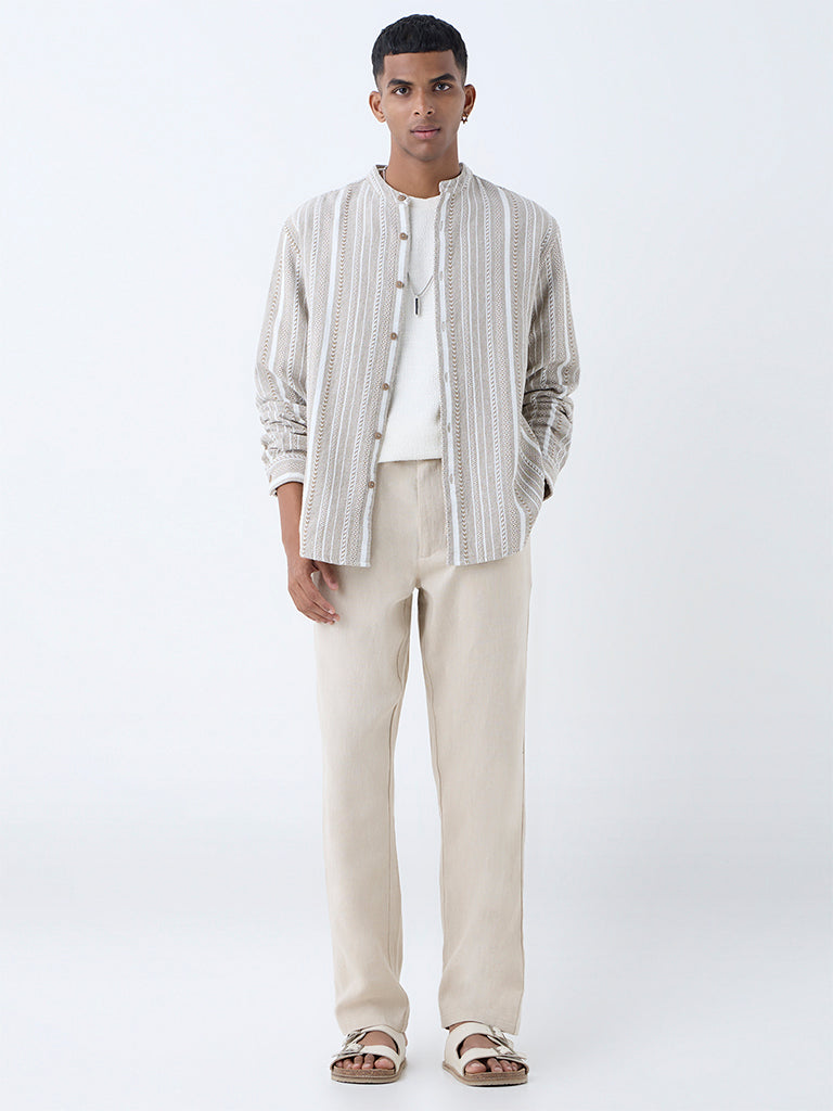 ETA Taupe Stripe Pattern Relaxed-Fit Cotton Shirt