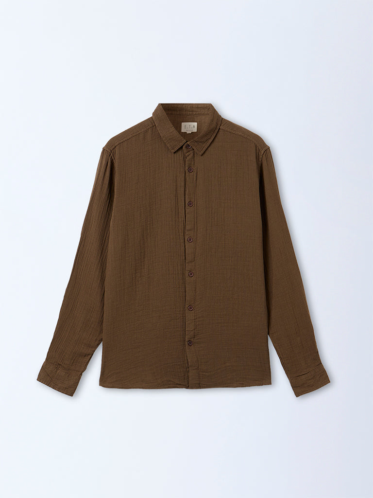 ETA Dark Brown Crinkle-Textured Relaxed-Fit Cotton Shirt