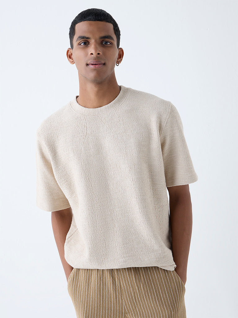 ETA Beige Self-Textured Relaxed-Fit Cotton-Blend T-Shirt