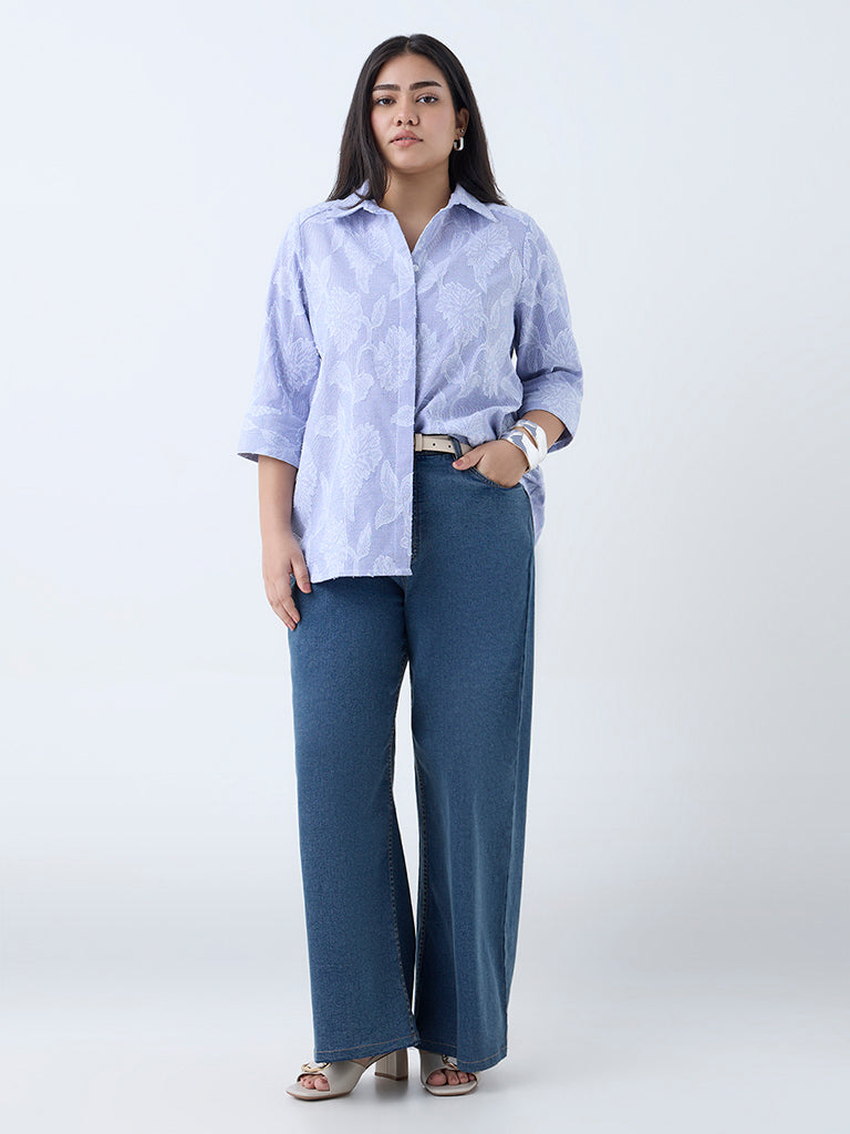 Gia Blue Botanical Detailed Cotton Shirt