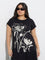 Gia Black Floral Pattern Cotton T-Shirt