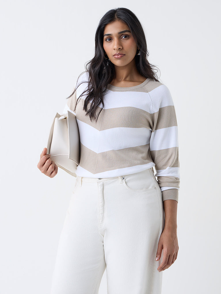 Gia Beige Striped Knitted Top