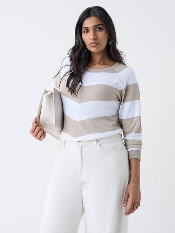 Gia Beige Striped Knitted Top