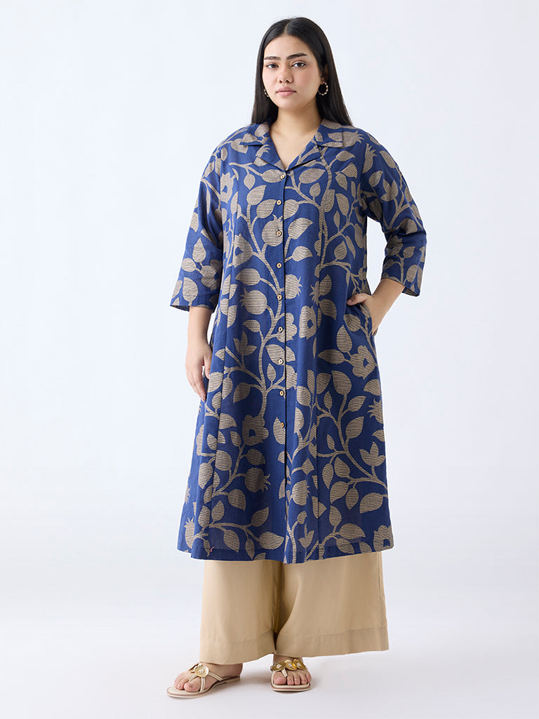 Diza Blue Floral Detailed A-Line Cotton Kurta