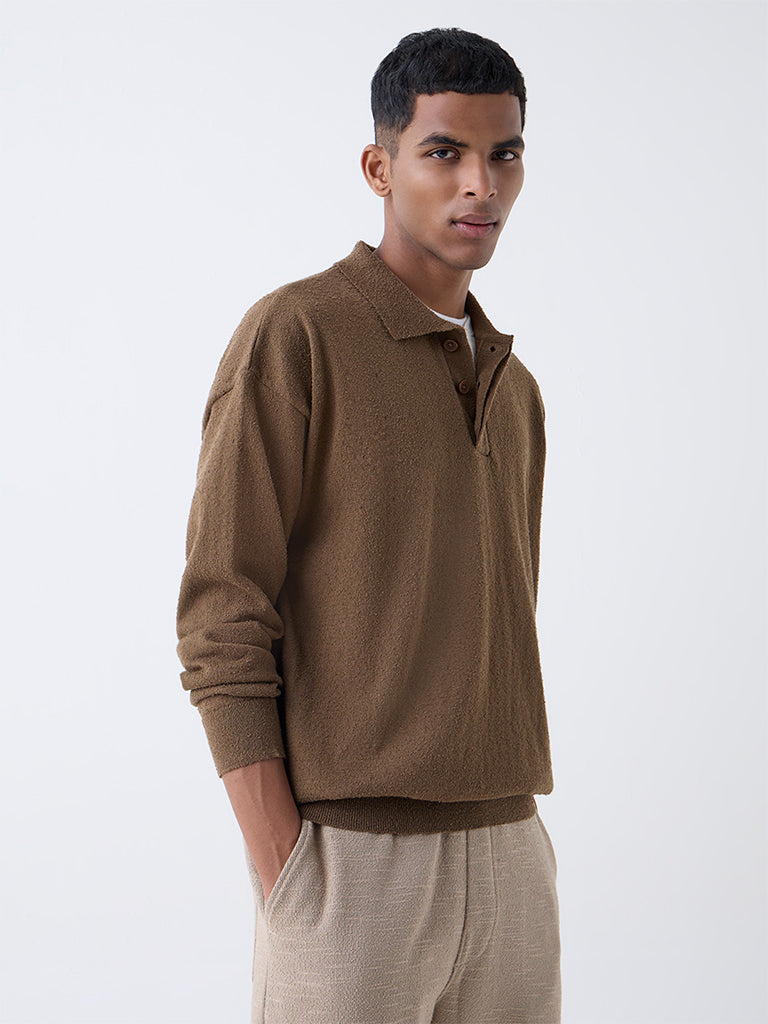ETA Taupe Textured Relaxed-Fit Cotton-Blend Polo Sweater