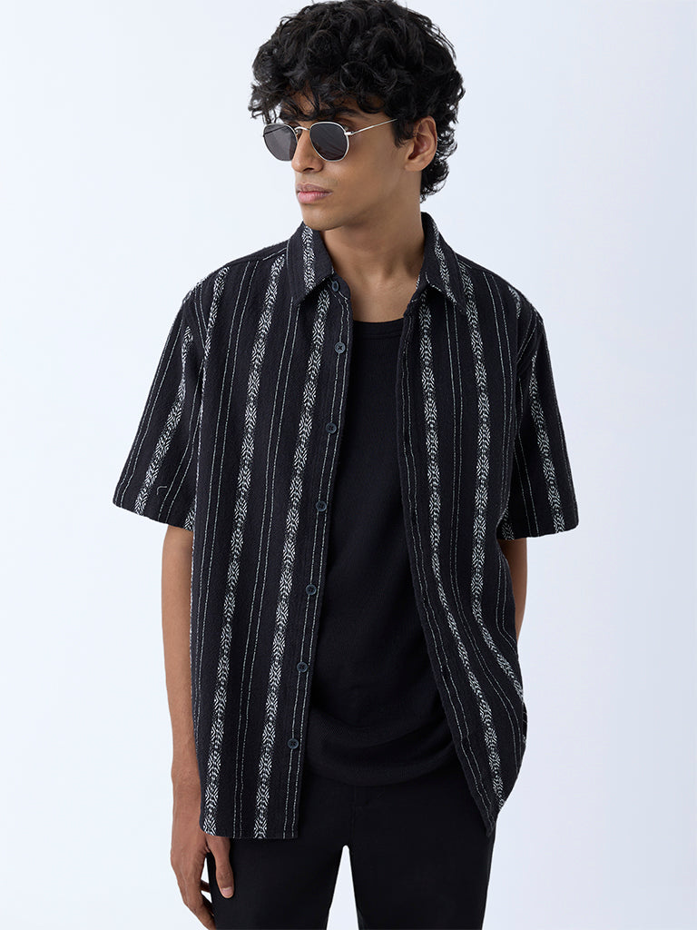 ETA Black Embroidered Relaxed-Fit Cotton Shirt